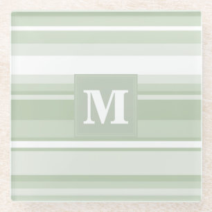 Monogram pale green stripes glass coaster