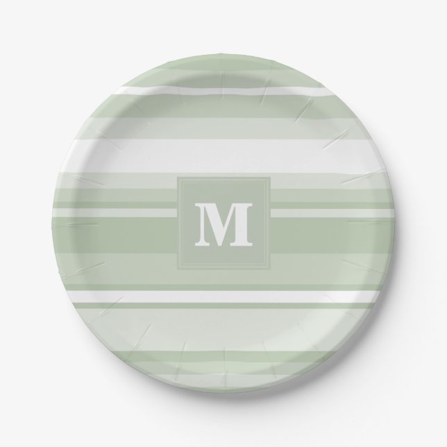 Monogram pale green stripes paper plate (Front)