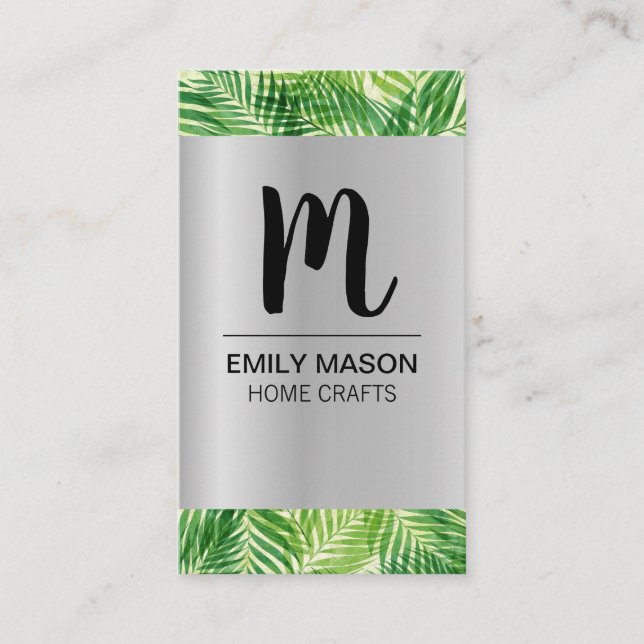 Monogram / Palm Leaf / Metal Background Business Card (Front)