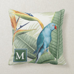Monogram   Palm Leaves With Blue Bird Cushion