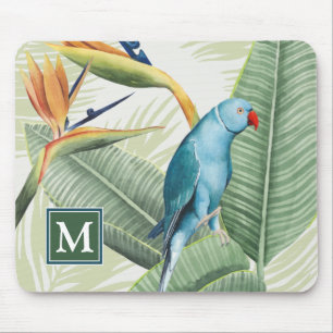 Monogram   Palm Leaves With Blue Bird Mouse Pad