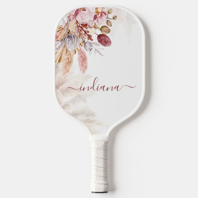 Monogram Pampas Grass Botanical Script Name Pickleball Paddle (Front)