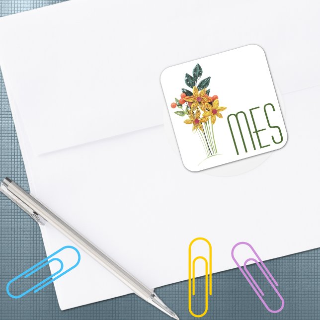 Monogram, Paper Quilled Flowers, Skinny Font 1.5in Square Sticker (Creator Uploaded)