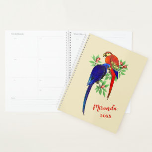Monogram Parrots Blue Red Flowers Beige Planner