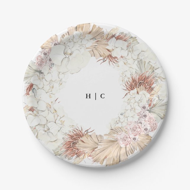 Monogram Party Pampas Grass Floral Wedding Paper Plate (Front)