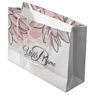 Monogram Party Pink White Flower Watercolor Silver Large Gift Bag