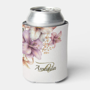 Monogram Party Watercolor Boho Pink Flower Elegant Can Cooler