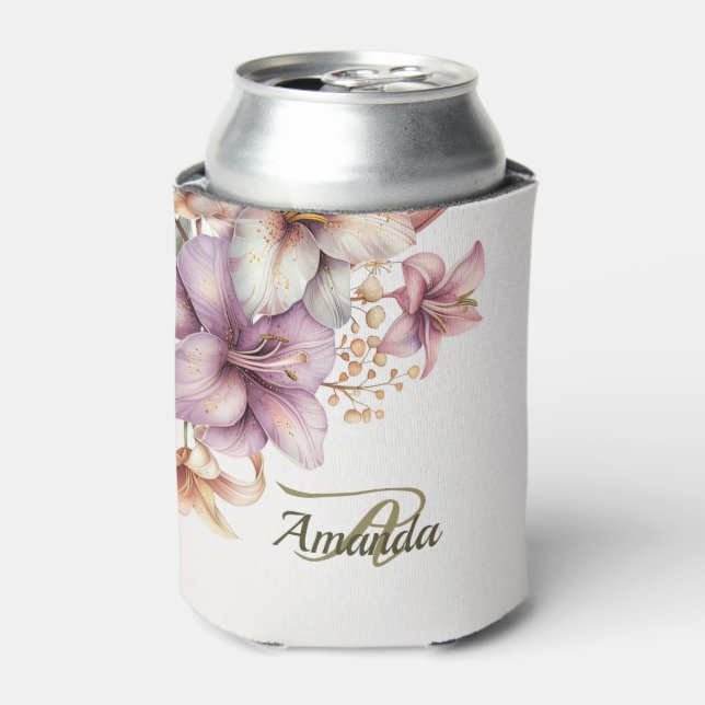 Monogram Party Watercolor Boho Pink Flower Elegant Can Cooler (Can Front)