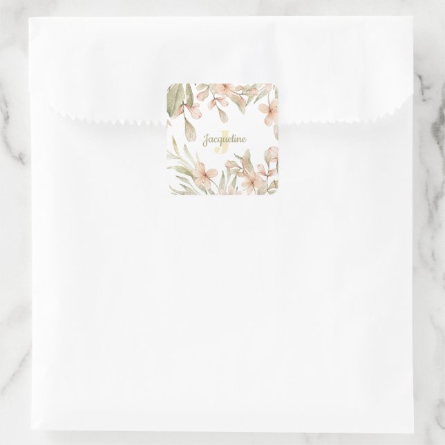 Monogram pastel baby pink sky baby flower design square sticker (Bag)