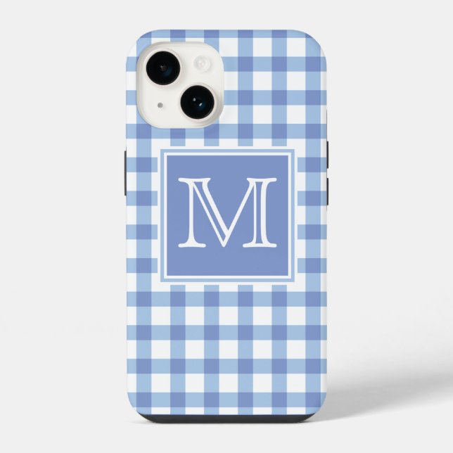 Monogram | Pastel Blue Gingham Plaid Chequered iPhone Case (Back)