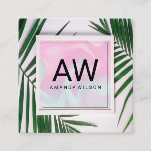 Monogram Pastel Liquid Palm Leaf Border Square Business Card