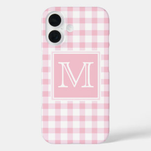 Monogram Pastel Pink Girly Gingham Plaid Chequer iPhone 16 Case