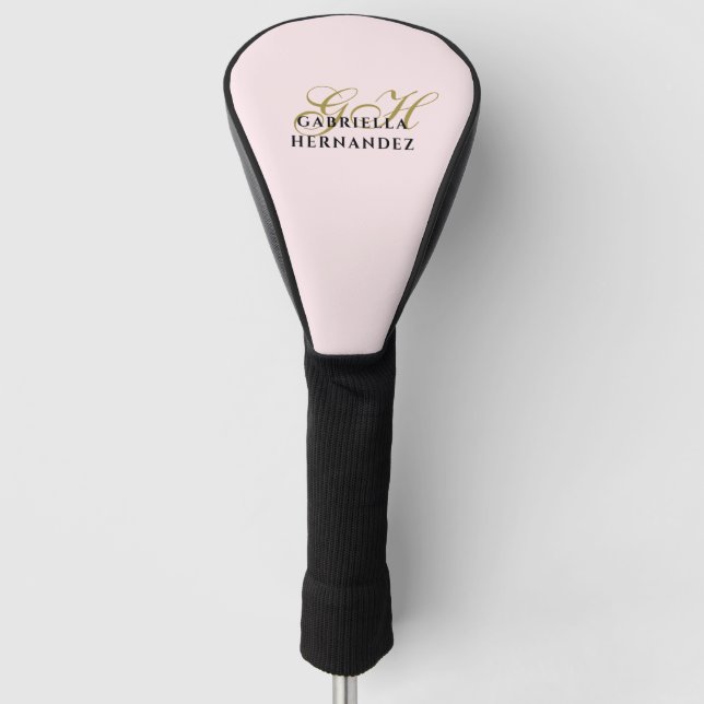 Monogram Pastel Pink Gold Black Minimalist Elegant Golf Head Cover (Front)