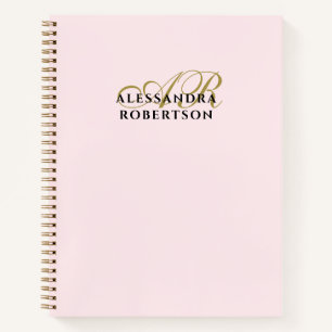 Monogram Pastel Pink Gold Black Minimalist Elegant Notebook