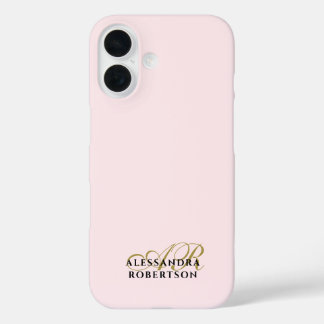 Monogram Pastel Pink Gold Black Minimalist Stylish iPhone 16 Case