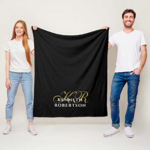 Monogram Pastel Pink Gold Black Minimalist Stylish Fleece Blanket