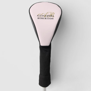 Monogram Pastel Pink Gold Black Minimalist Stylish Golf Head Cover