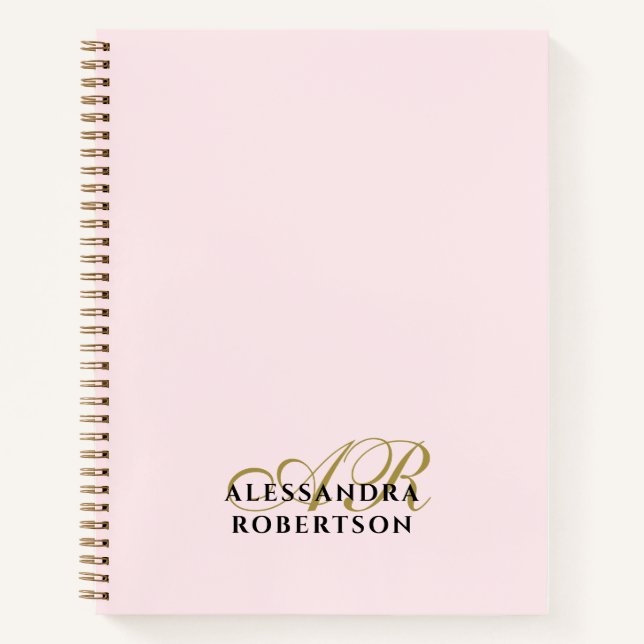 Monogram Pastel Pink Gold Black Minimalist Stylish Notebook (Front)
