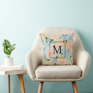 Monogram Pastel Pink Light Blue Flower Pattern Cushion