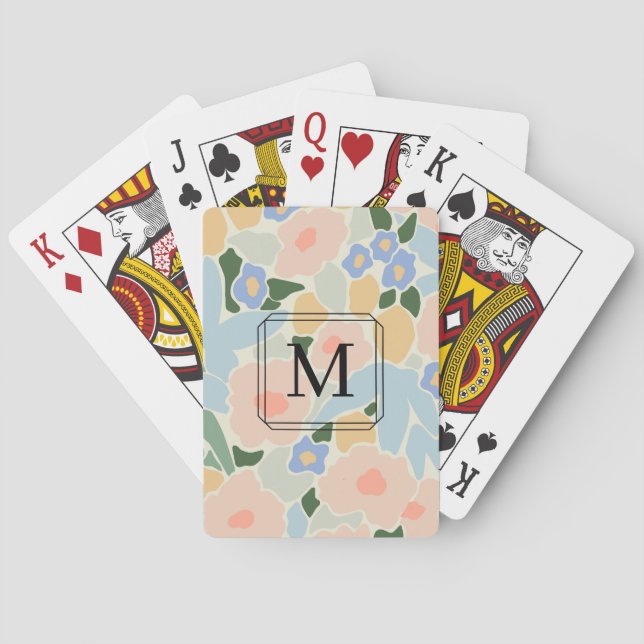 Monogram Pastel Pink Light Blue Flower Pattern Playing Cards (Back)