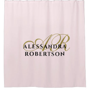 Monogram Pastel Pink Minimalist Gold Black Stylish Shower Curtain