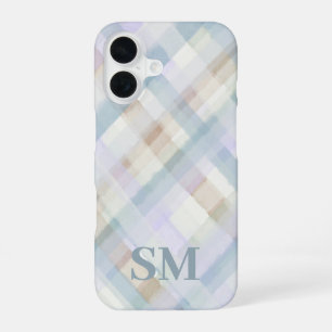 Monogram Pastel Plaid Blue Lilac Beige Watercolor iPhone 16 Case