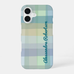 Monogram Pastel Plaid Blue Teal Green Yellow Mauve iPhone 16 Case