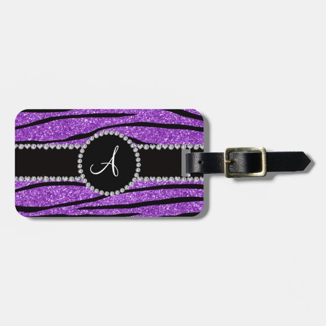 Monogram pastel purple glitter zebra stripes luggage tag (Front Horizontal)