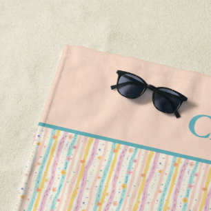 Monogram Pastel Stripes and Flowers Pink Teal Beach Towel