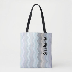 Monogram pastel stripes waves blue grey lavender tote bag