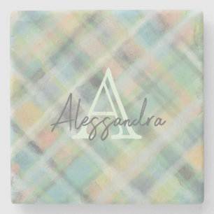 Monogram pastel tartan green grey yellow teal stone coaster