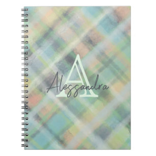 Monogram pastel tartan teal yellow grey green  notebook