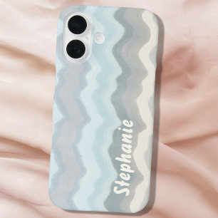 Monogram pastel waves stripes blue teal grey beige iPhone 16 case