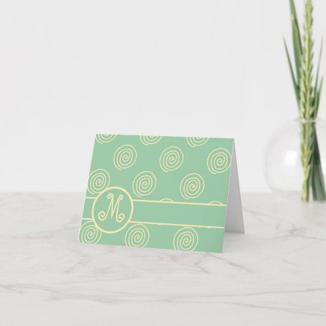 Monogram Pastel Yellow Swirls on Soft Green Note Card (Front)