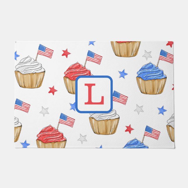 Monogram Patriotic Cupcake Flag Star Preppy  Doormat (Front)
