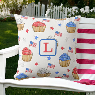 Monogram Patriotic Cupcake Red White Blue  Cushion