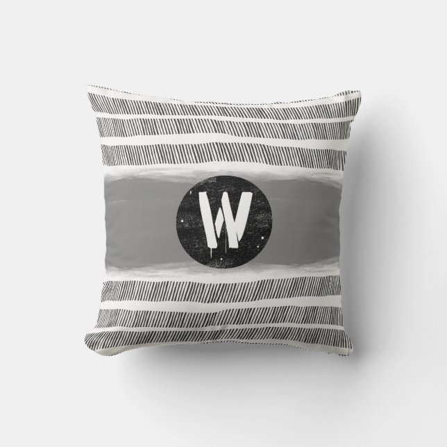 monogram pattern black white and grey boho  cushion (Front)