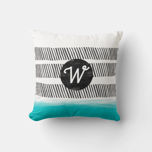 monogram pattern black white and turquoise boho cushion (Front)