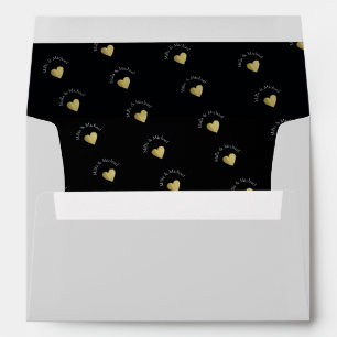 monogram pattern & golden love-hearts, pastel grey envelopes