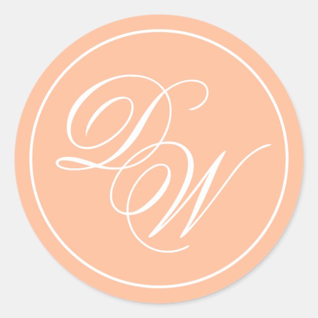 Monogram Peach 2 Initials Elegant White Script Classic Round Sticker (Front)