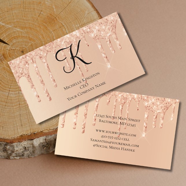 Monogram Peach Dripping Glitter Glam Trendy Women Business Card (Monogram Peach Dripping Glitter Feminine Glam Trendy Business Cards.)
