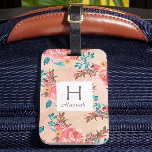 Monogram Peach Floral Watercolor Pattern Luggage Tag (Front Insitu 2)