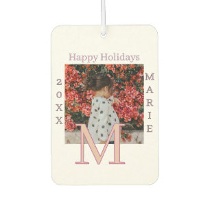 MONOGRAM PEACH GRAY NAME PHOTO YEAR CHRISTMAS HOLI CAR AIR FRESHENER