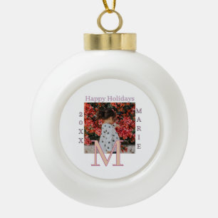 MONOGRAM PEACH GRAY NAME PHOTO YEAR CHRISTMAS HOLI CERAMIC BALL CHRISTMAS ORNAMENT