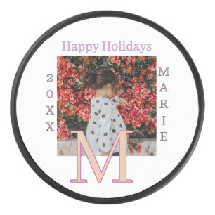 MONOGRAM PEACH GRAY NAME PHOTO YEAR CHRISTMAS HOLI HOCKEY PUCK