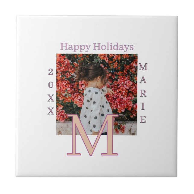 MONOGRAM PEACH GRAY NAME PHOTO YEAR CHRISTMAS HOLI TILE (Front)
