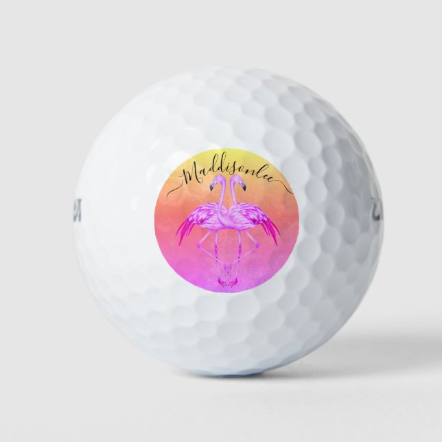Monogram Peach Name Two Pink Flamingos  Golf Balls (Front)