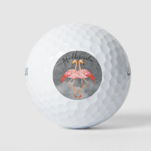 Monogram Peach Name Two Pink Flamingos Golf Balls