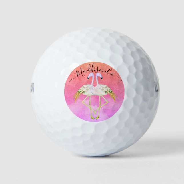 Monogram Peach Name Two Pink Flamingos  Golf Balls (Front)