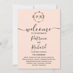 Monogram Peach Rose Gold Foil Wedding Program Invitation